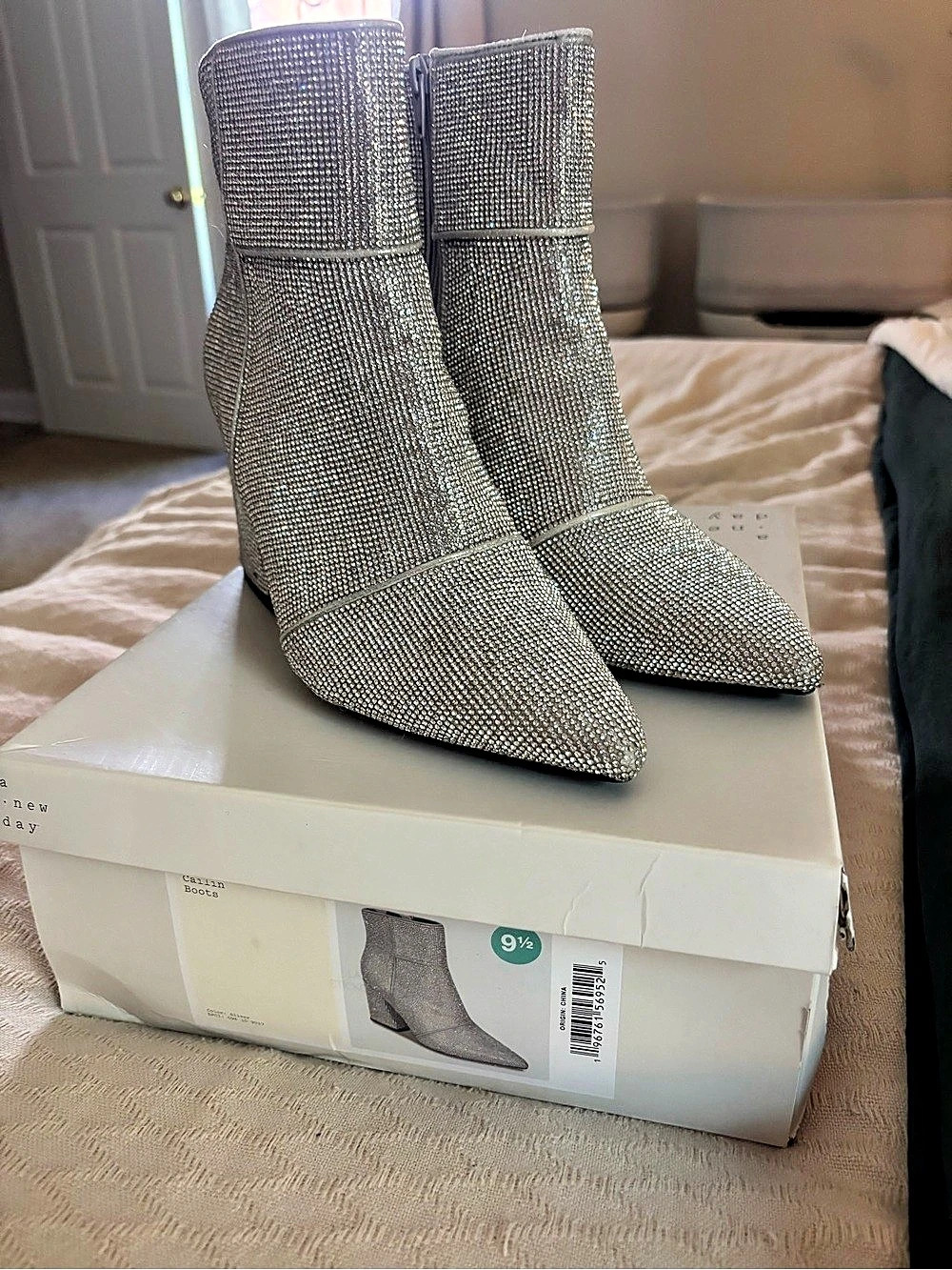 A New Day Cailin Ankle Boots Rhinestone Pointed-Toe Silver US 9.5